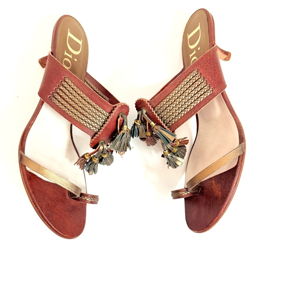 Christian Dior Vintage Brown Gold Leather Tassel thong kitten heel sandals EU 40 - Picture 6 of 10